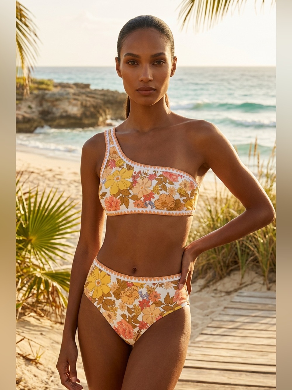 Cupshe One-Shoulder Floral High-Waist Bikini Set - Yellow/Orange Floral Sz S NWT